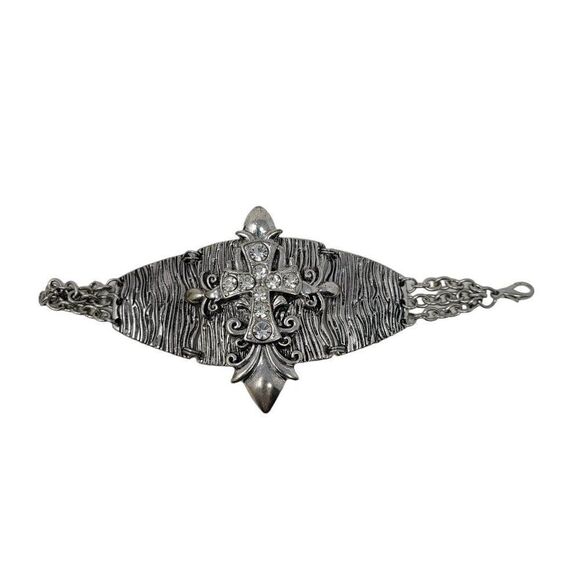 Silver Tone‎ Wide Articulated Bracelet Rhinestone Coptic Maltese Cross Pirate - Picture 6 of 7